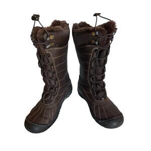 J41 Avery Boots Womens Size 8.5 Brown Faux Fur Winter Duck Boot Front Lace EUC
